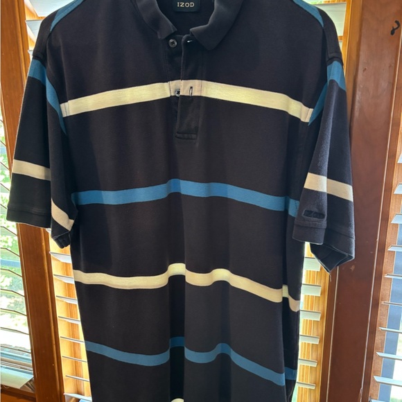 Men’s Izod Short Sleeve Shirt Navy, white and Blue Strip Size L EUC - Picture 1 of 6